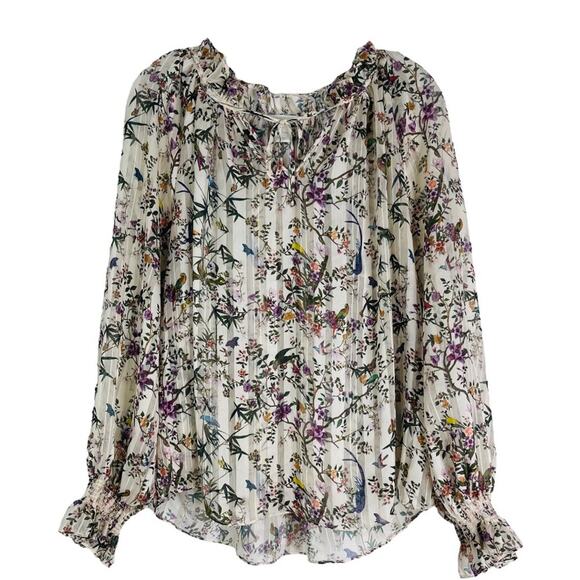 H&M cream green floral bird garden boho ruffle semi sheer top 8 - Picture 1 of 9